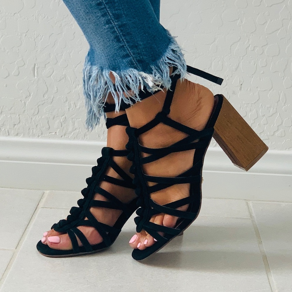 Black Chunky Heel Lace Up Gladiator Sandal - Picture 6 of 8